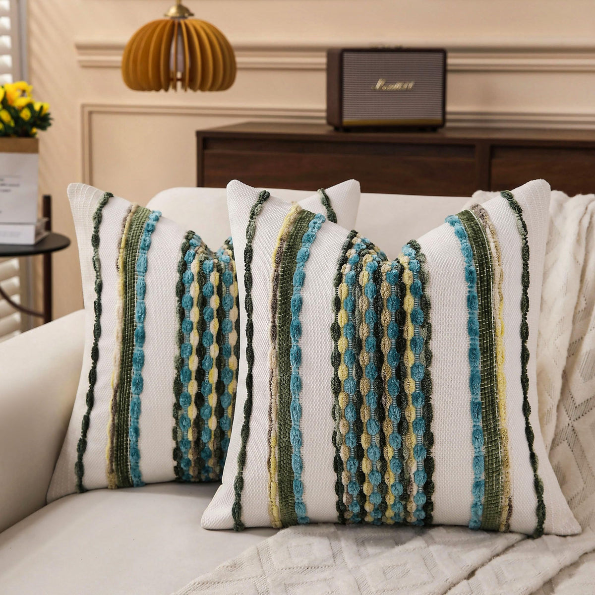 Boho Striped Throw Pillow Covers 18x18 Inch Set of 2 Farmhouse Square Decorative Pillow Covers Chenille Tufted Accent Neutral Pillowcase Grey Blue Cushion Cover for Living Room Couch Sofa Bed