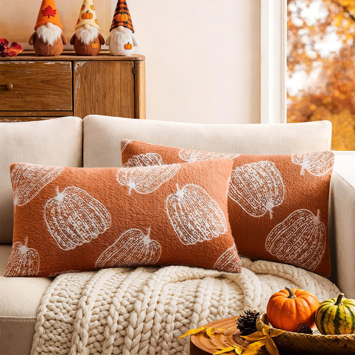 Throw Pillow Covers Set of 2 18x18 White Pumpkins Fall Camel Covers, Soft Faux Decorative Yellow Covers for Couch Sofa Bed Living Room, Farmhouse Home Boho Decor