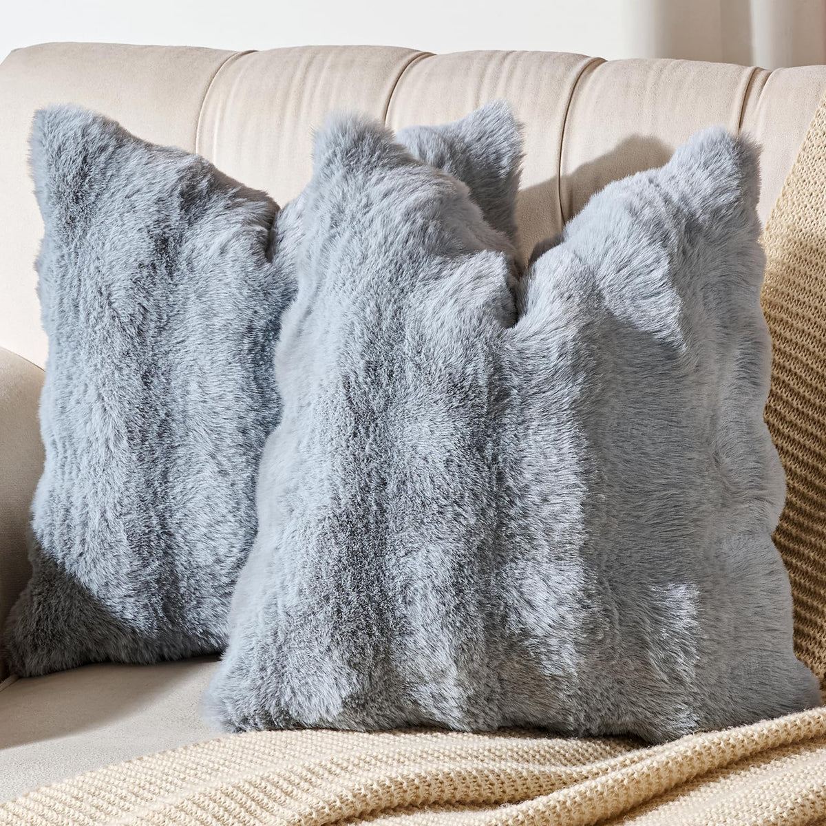 AmHoo Pack of 2 Throw Pillow Covers 3D Dense Faux Rabbit Fur Cozy Super Soft Fuzzy Set Case Cushion for Couch Sofa Bedroom 18 x 18-Inch Cream White