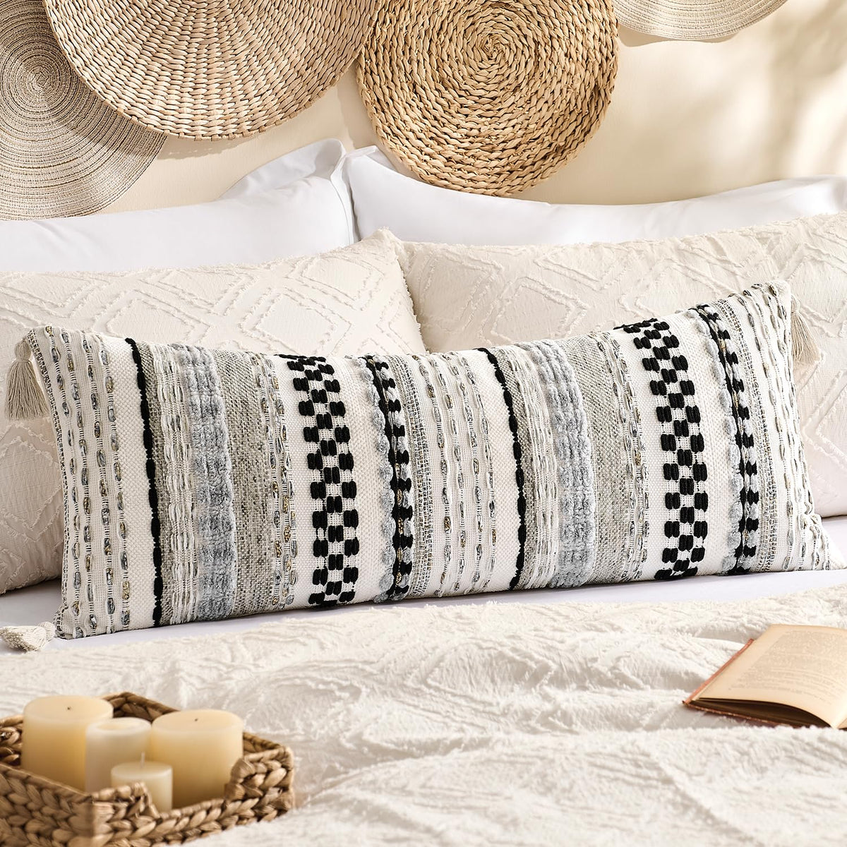 Kevin Textile Boho Tassel 12x20 Inch Lumbar Pillow Cover 1 Pack, Green