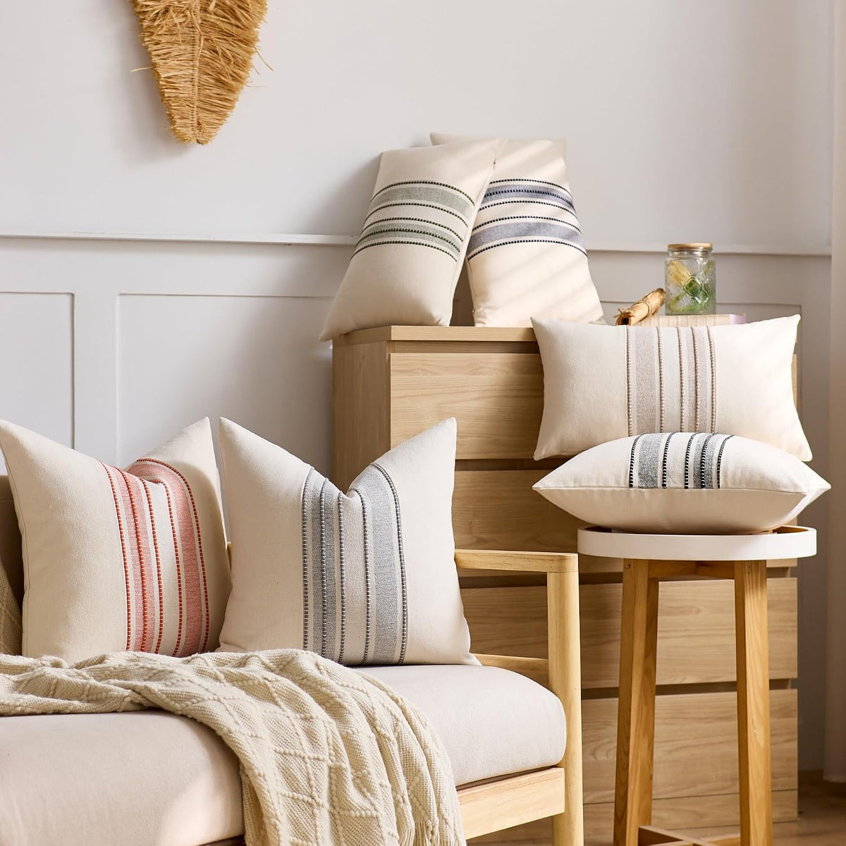 KINDREX Striped Linen Decorative Throw Pillow Covers 18x18 Navy Blue