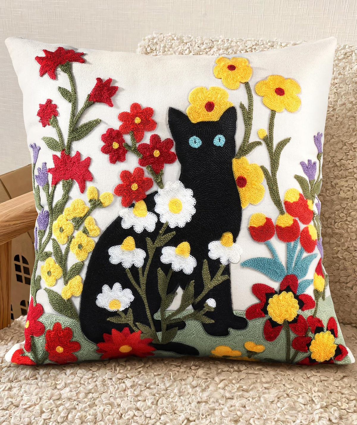 Embroidered Throw Pillow Cover, 18x18 Inch, Fall Abstract Floral