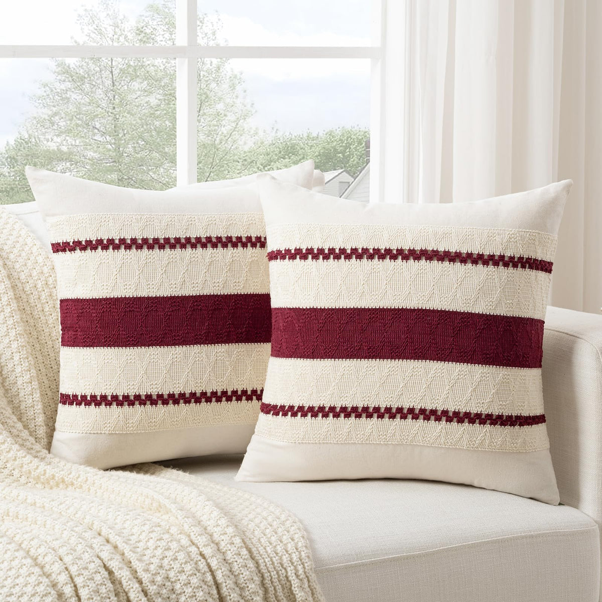 Fancy Homi Set of 2 Boho Olive Green Decorative Throw Pillow Cover 18x18 Inch for Couch Bed Sofa, Aesthetic Modern Organic Farmhouse Home Decor, Soft Cotton Cute Accent Macrame Woven Cushion Case
