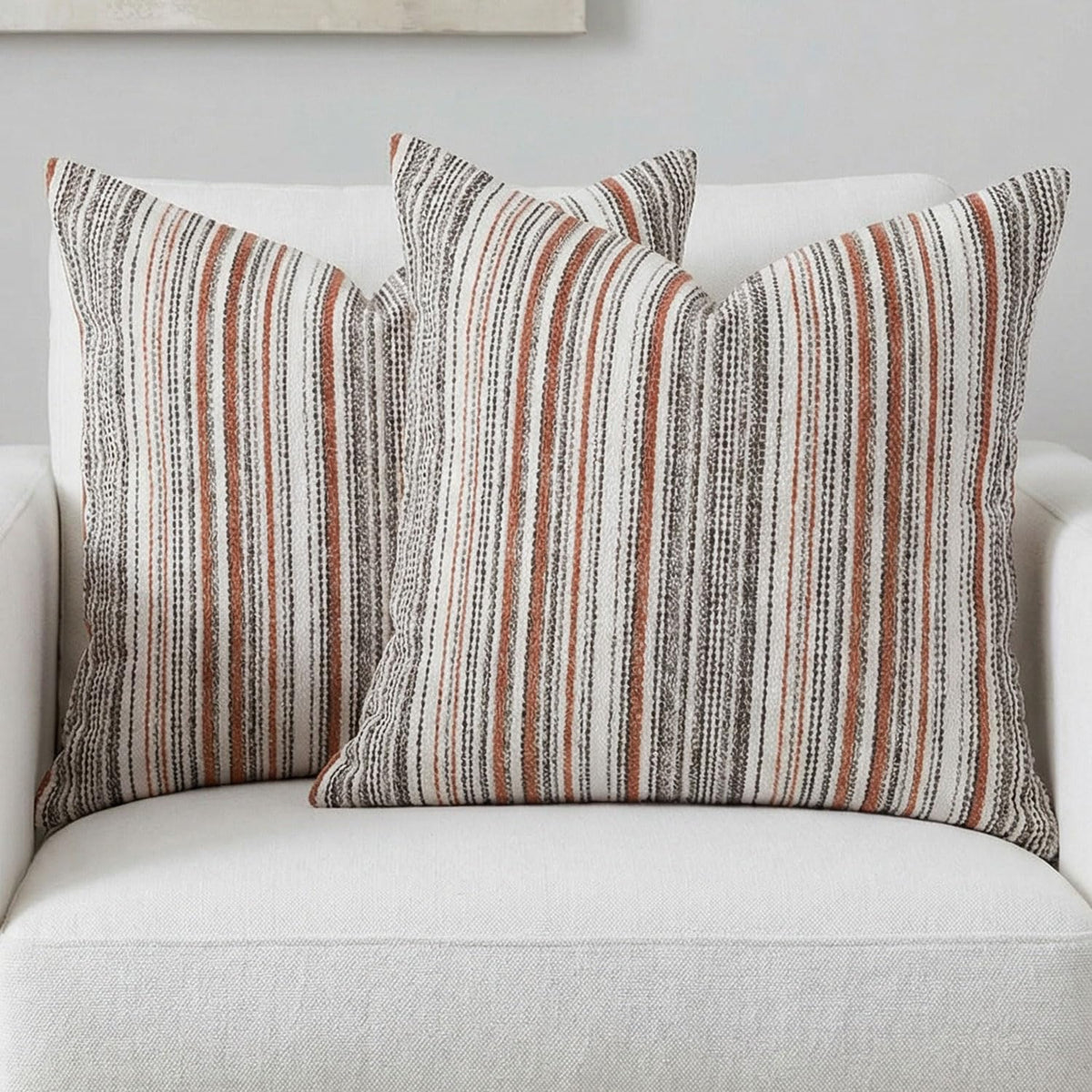 Set of 2 Striped Chenille Throw Pillow Covers 18x18 Inches Premium Plush Textured Decorative Cushion Covers Reinforced Hidden Zipper Mid-Century Modern Farmhouse Decor for Couch Sofa Beige