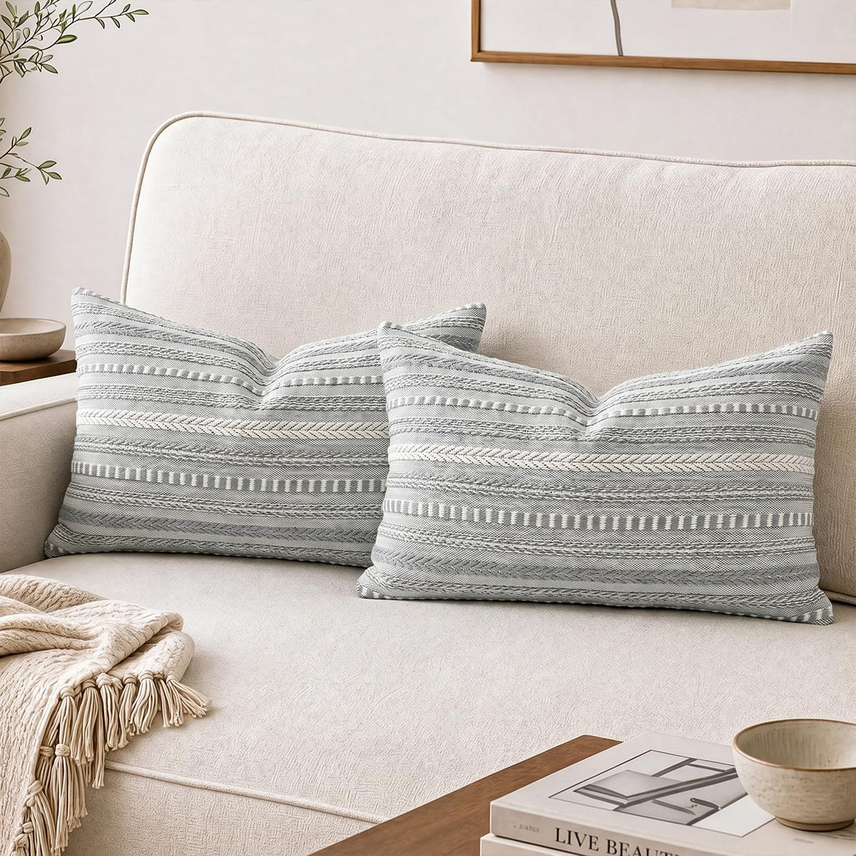 AVOIN colorlife Black Boho Decorative Throw Pillow Covers Set of 2, 18 x 18 Inch Woven Stripe Textured Rustic Cushion Case Home Decor for Living Room Couch Sofa