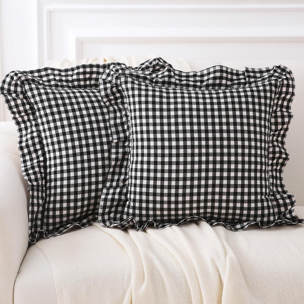 2 Pack Taupe White Gingham Ruffle Throw Pillow Covers 18''x18''