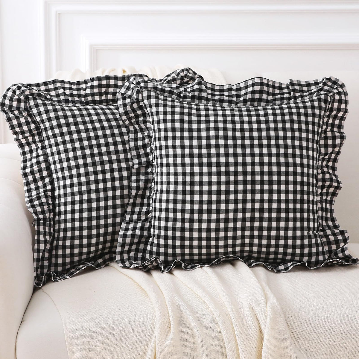 2 Pack Taupe White Gingham Ruffle Throw Pillow Covers 18''x18''