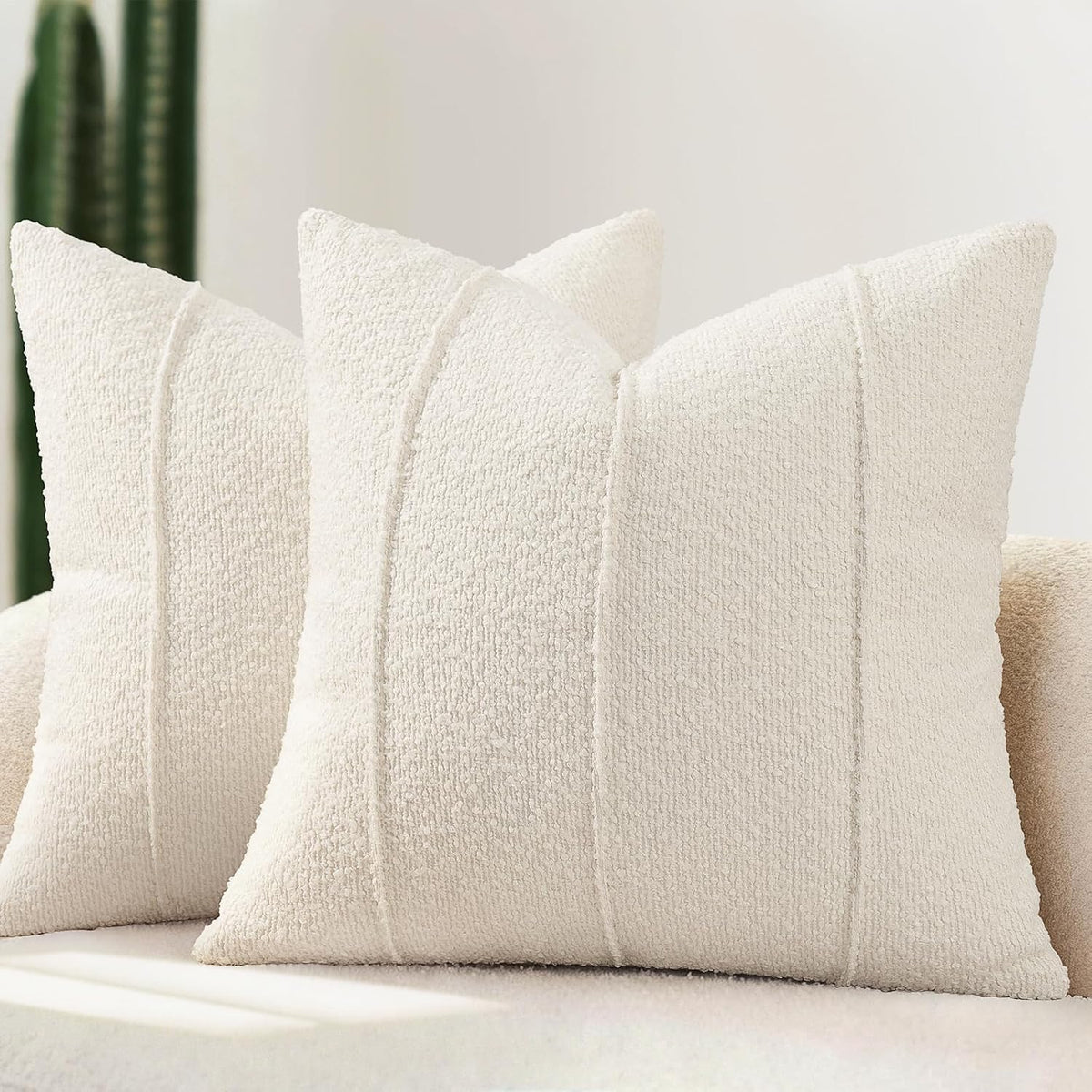YCOLL Textured Boucle Throw Pillow Covers 20x20 Pack of 2 - Soft Neutral Striped Cushion Covers, Cozy Accent Decorative Pillow Covers for Couch, Sofa, Bed, Living Room (Ivory)