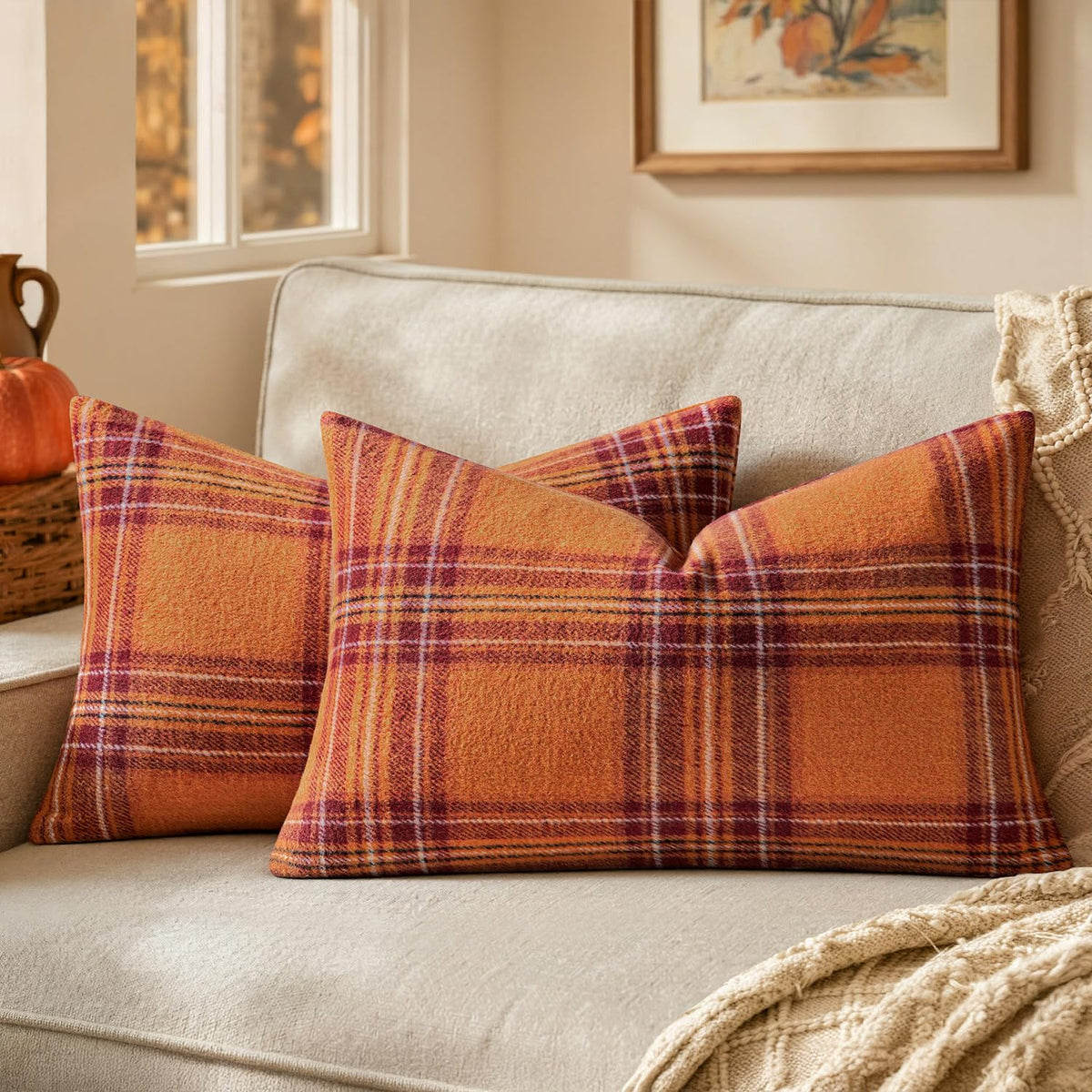 MIULEE Fall Plaid Decorative Pillow Covers Set of 2 18x18 Rust