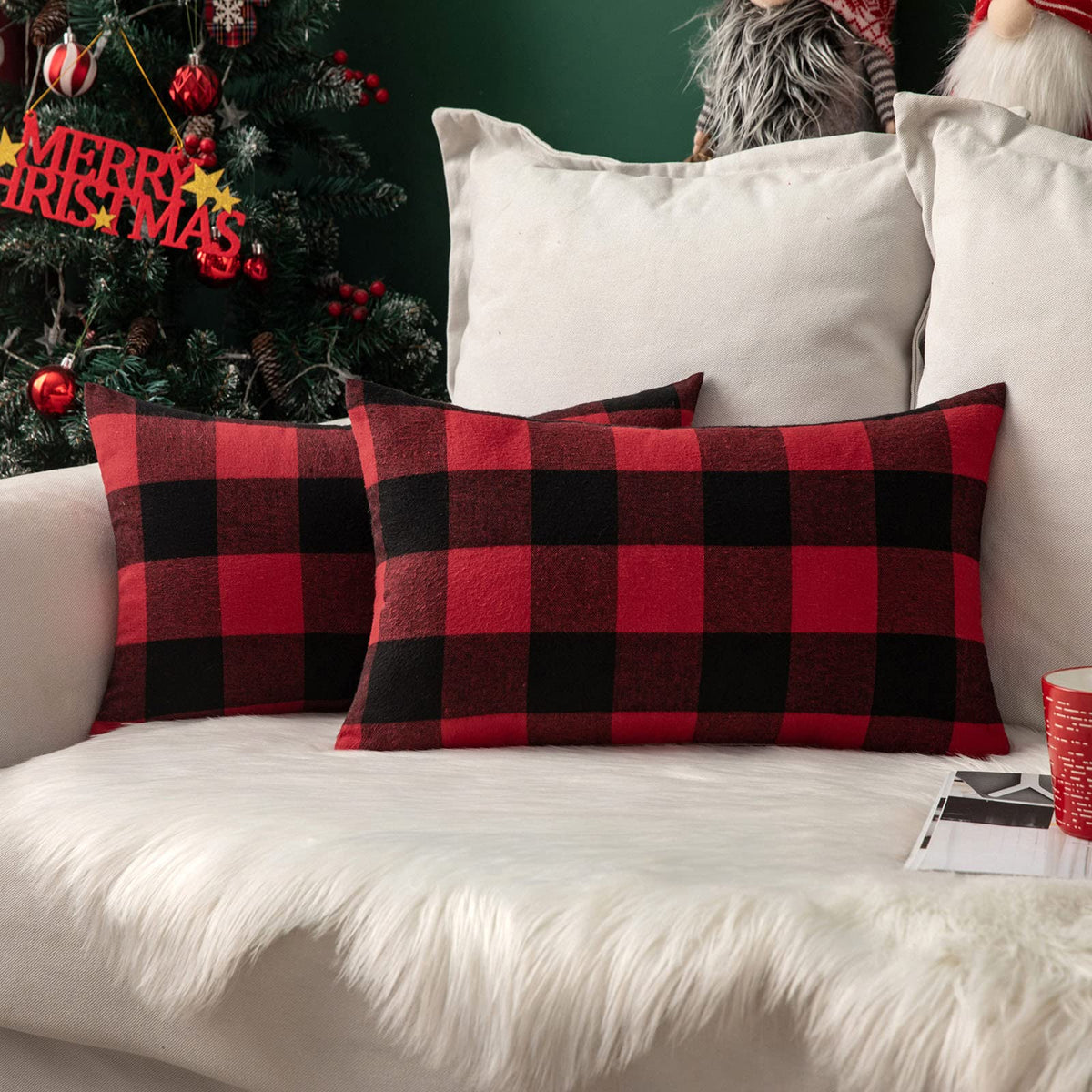 MIULEE Christmas Plaid Pillow Covers 18x18 White and Red Pack of 2