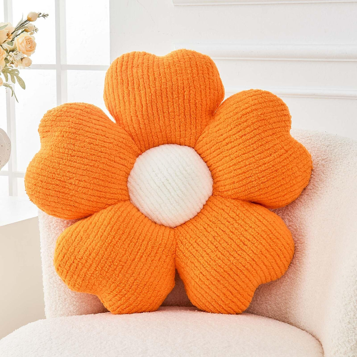 Kcvvcr Flower Throw Pillow, Cute Flower Shaped Pillow Decorative Throw Pillow for Bed Couch, Soft Daisy Pillows Floor Seating Cushion Cushions (14.9 Inch Ivory+Brown)