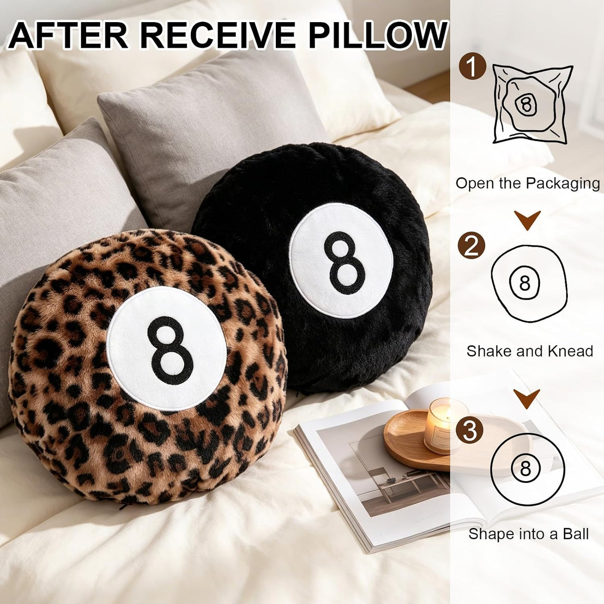 2 Packs Black and Cheetah 8 Ball Throw Pillow, Round Plush Throw Pillows, Soft Plush Surface, Round Billiard Ball Shape, Black & Leopard Print, for Dorm, Gaming Room Home Decor and Daily Back Support