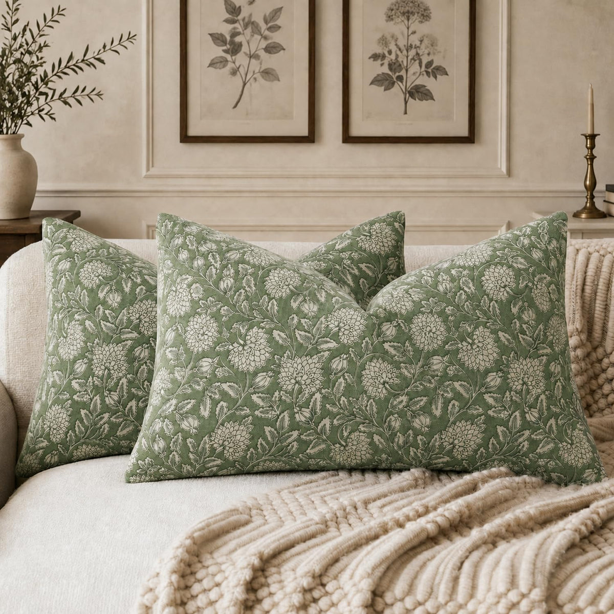 Vintage Floral Pillow Covers 18x18 Set of 2, Dahlia Botanical Block Print Style Pillow Cover Polycotton Cushion Case, Farmhouse Decor Throw Pillow for Sofa Couch Bedroom Home, Warm Brown