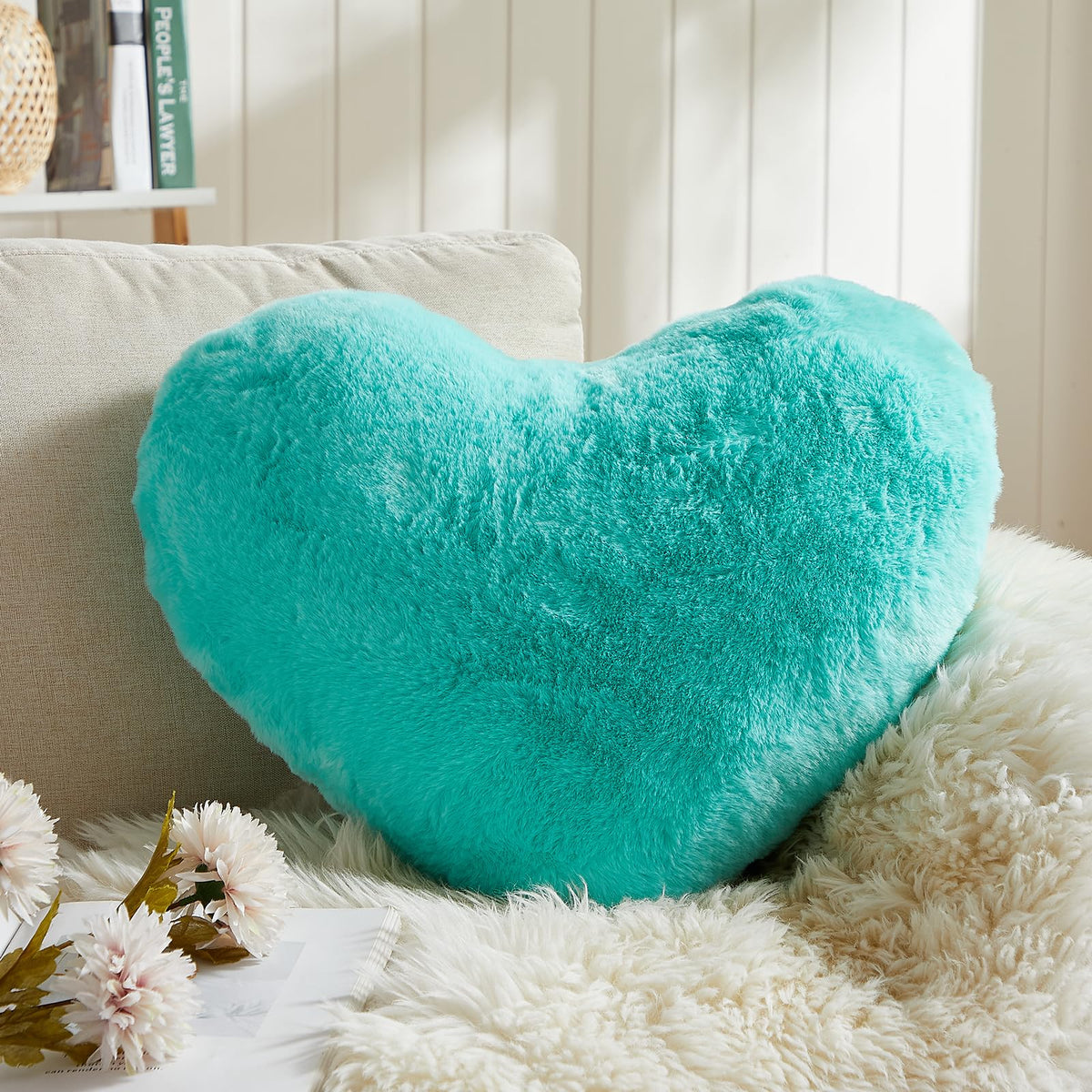 EastTree Heart Pillows, Light Blue Heart Shaped Pillows, Love Throw Pillows Gifts, Ultra Soft Faux Rabbit Fur Small Cute Pillows, Women Girls Kid Room Decor 10x13 Inch