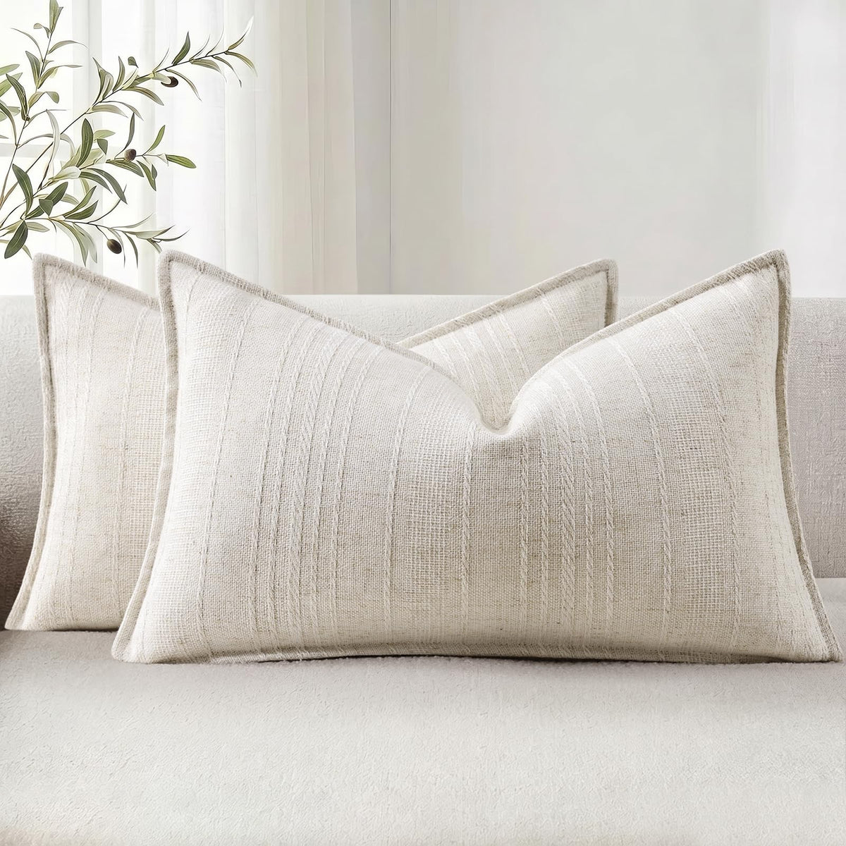 decorUhome Sage Green Textured Linen Throw Pillow Covers 18x18 Set of 2