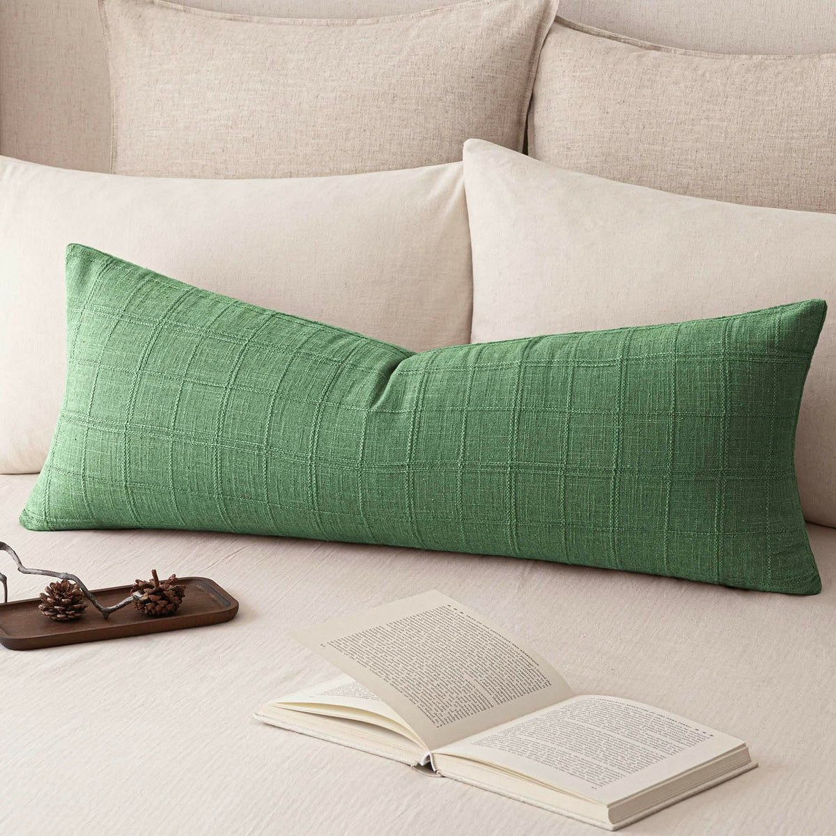 Foindtower Set of 1 Decorative Linen Check Throw Pillow Cover Neutral Farmhouse Lumbar Cushion Cover Modern Boho Home Decor for Sofa Chair Couch Bedroom Living Room,12×20 Inch,Olive Green