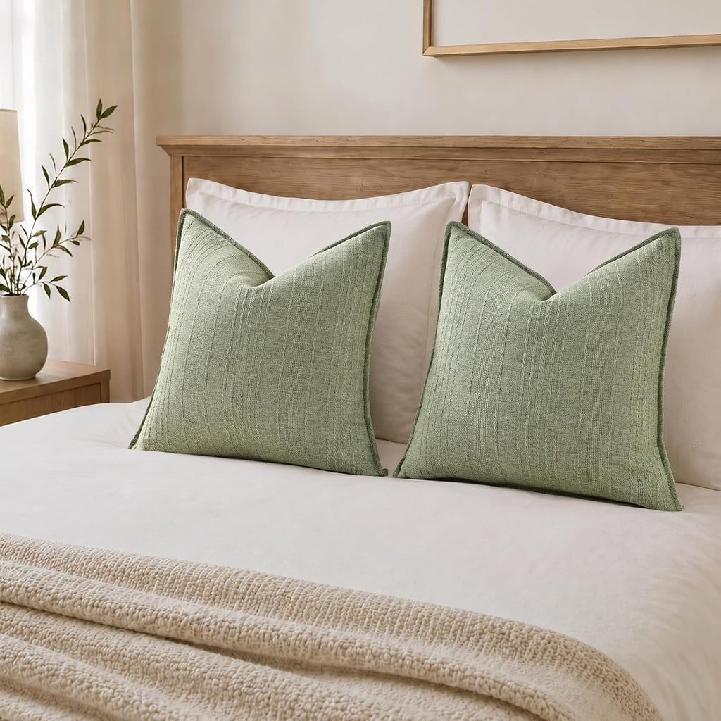 decorUhome Sage Green Textured Linen Throw Pillow Covers 18x18 Set of 2