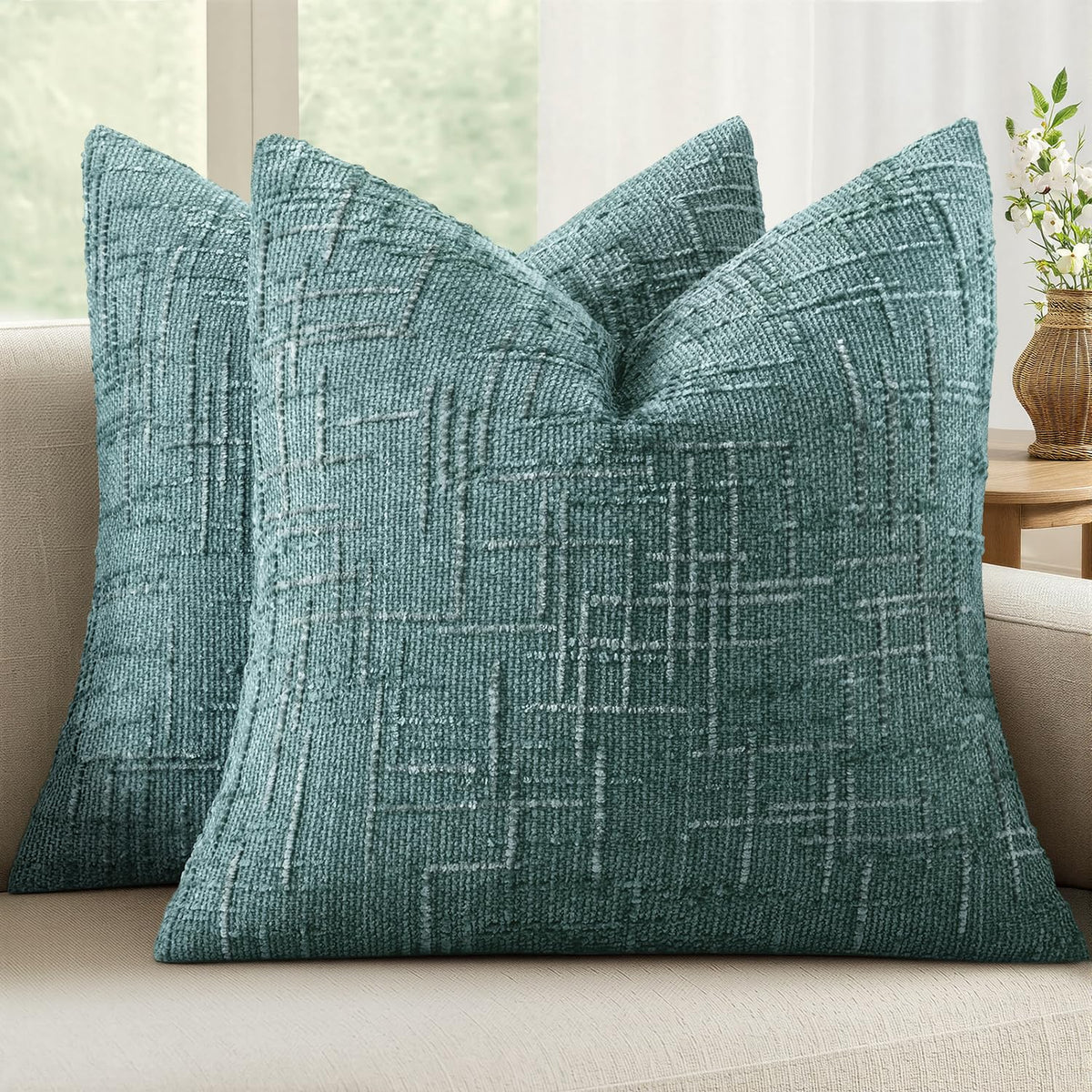 MIULEE Chenille Textured Throw Pillow Covers Cream White 18x18 Set of 2