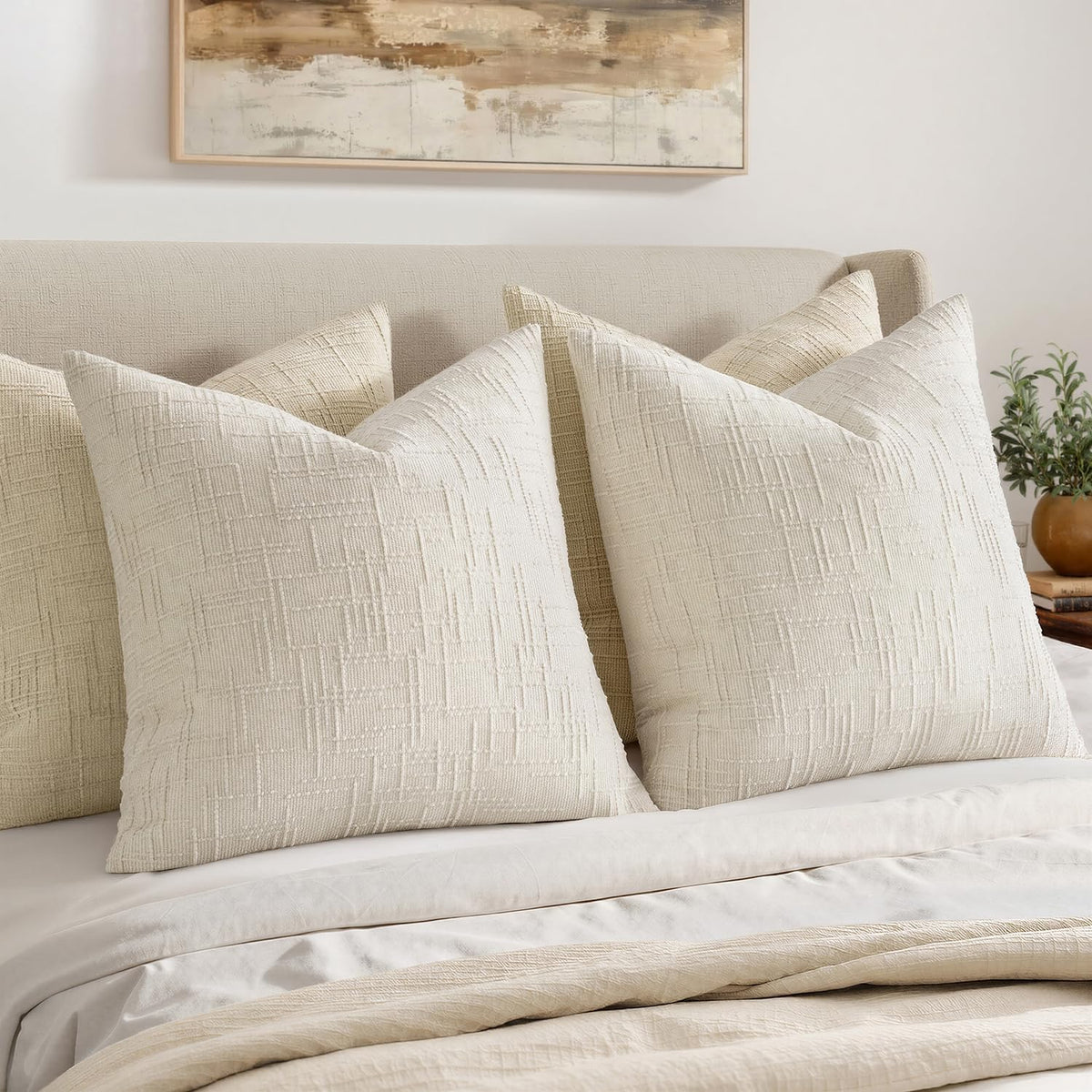 MIULEE Chenille Textured Throw Pillow Covers Cream White 18x18 Set of 2