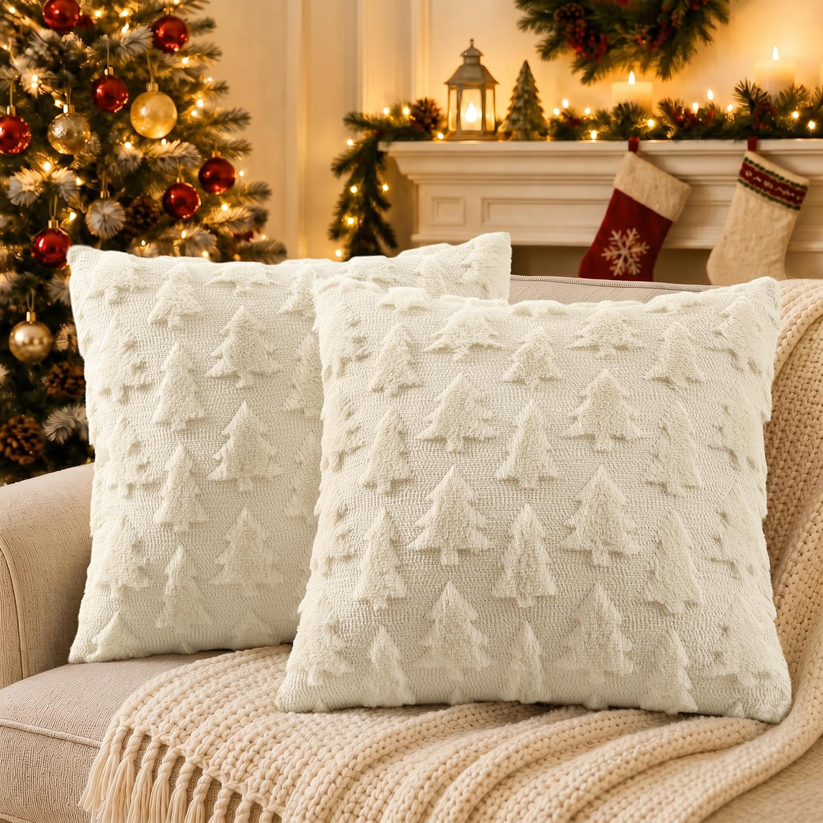decorUhome Beige Bow Cute Girl Faux Fur Throw Pillow Covers 18x18 Set of 2