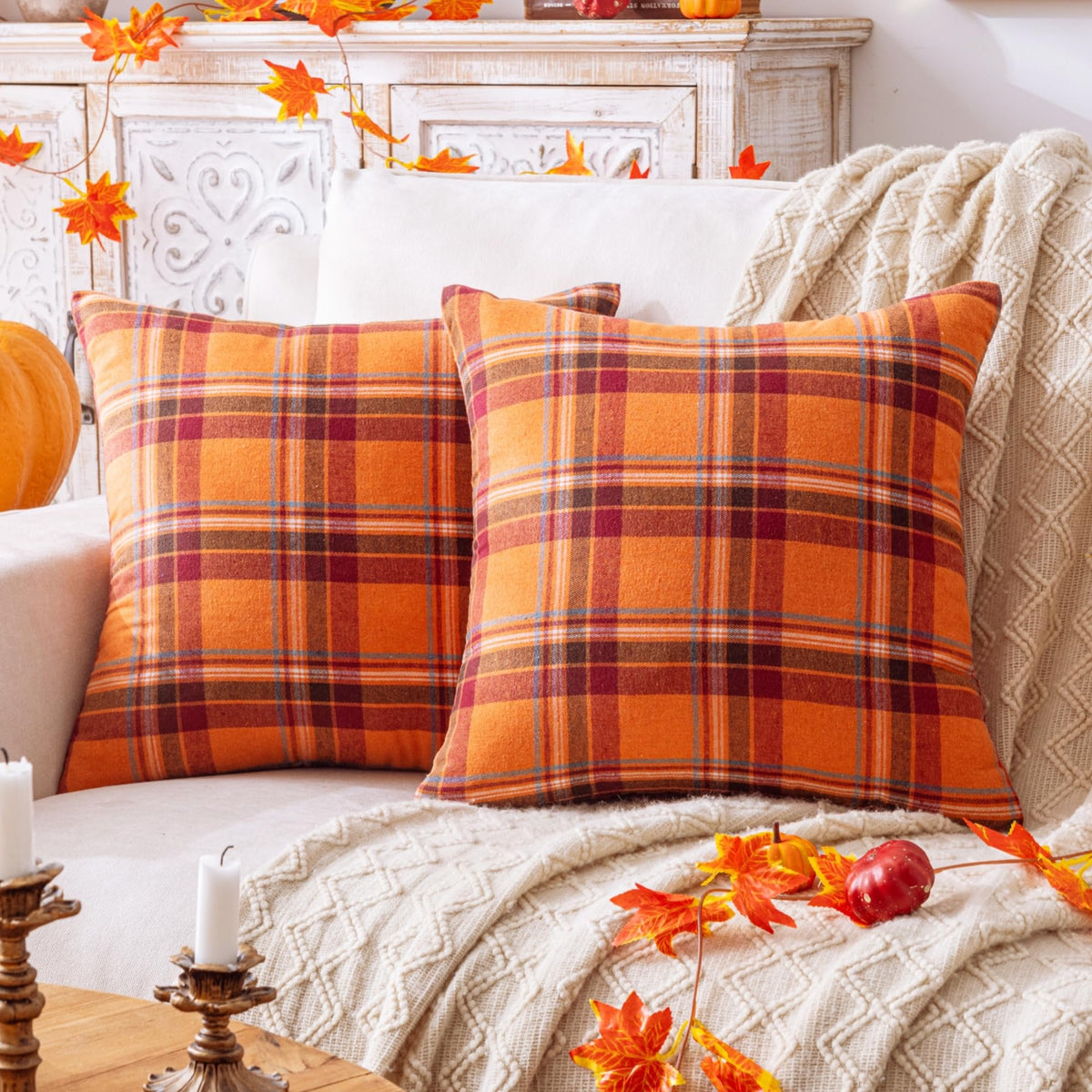 AQOTHES Fall Plaid Orange Throw Pillow Covers 18x18 Inch Set of 2