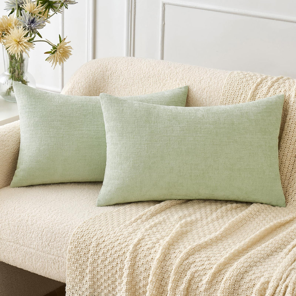 MIULEE Soft Chenille Throw Pillow Covers Green 18x18 Inch Pack of 2