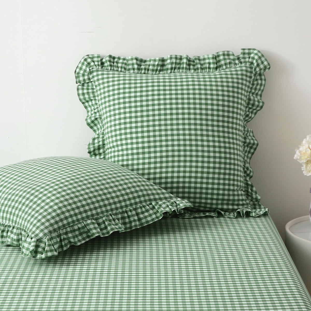 2 Pack Taupe White Gingham Ruffle Throw Pillow Covers 18''x18''