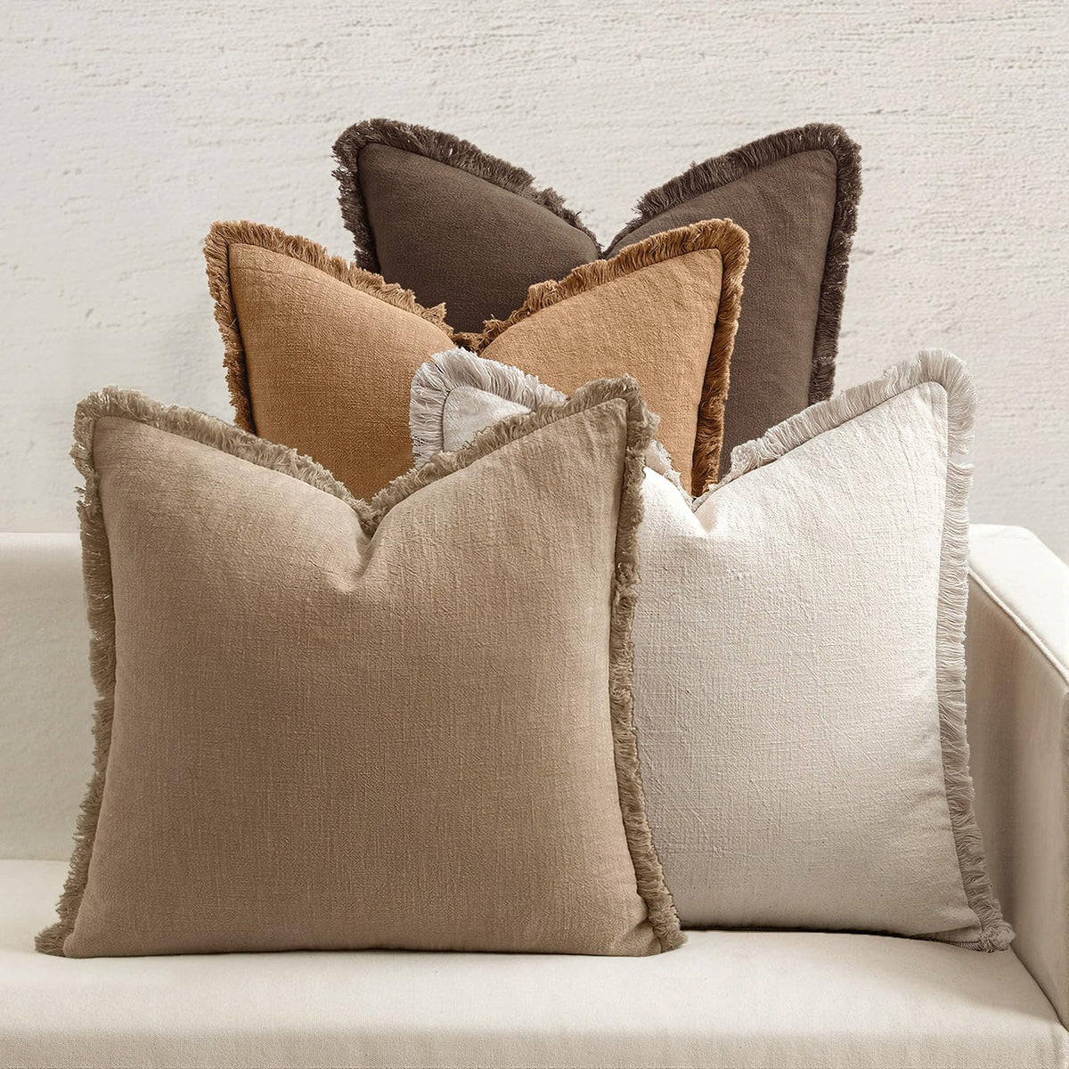 MIULEE Fall Linen Fringe Pillow Covers Set of 4 18x18 Beige/Brown/Green
