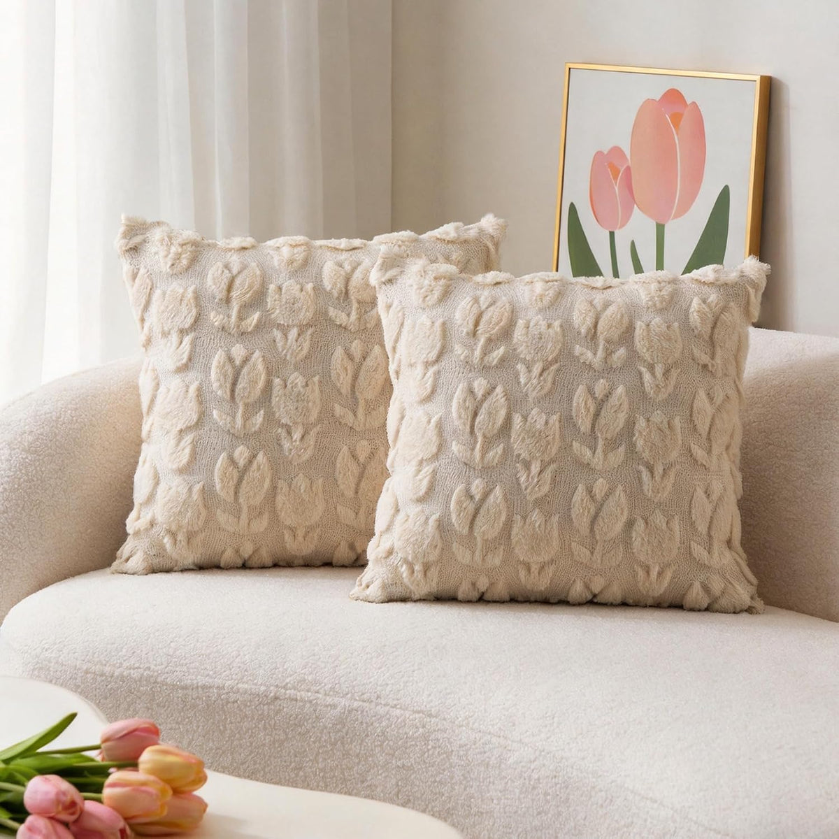Starella Beige Decorative Pillow Cover 18"x18" Tulip Throw Pillow Cases Plush 2 Pack Cushion Covers for Couch Sofa Chair Home Living Bed Room Decor