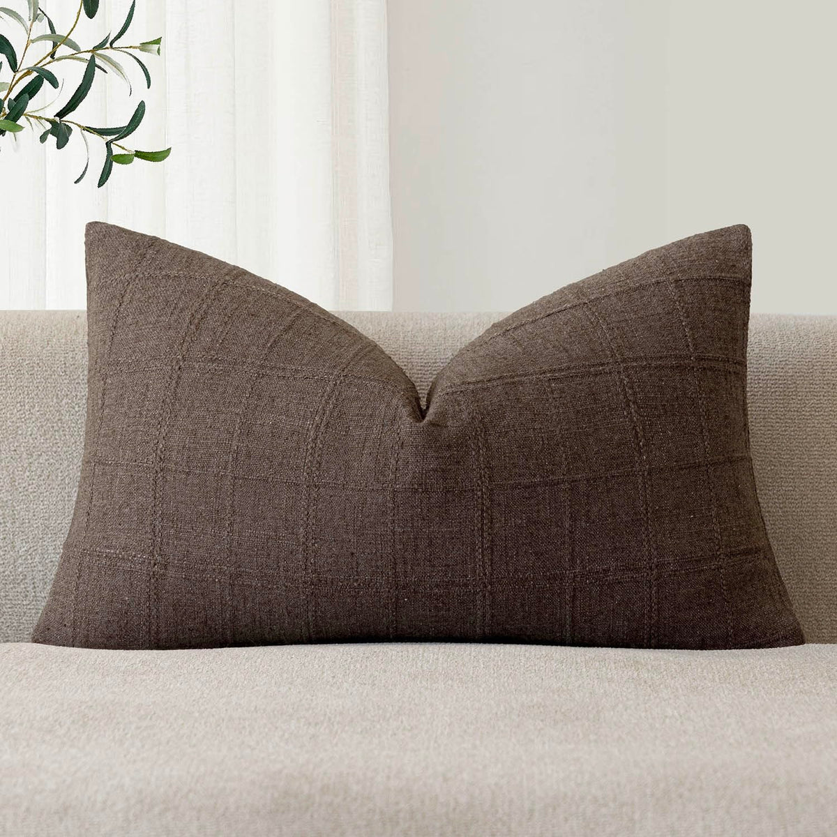 Foindtower Set of 1 Decorative Linen Check Throw Pillow Cover Neutral Farmhouse Lumbar Cushion Cover Modern Boho Home Decor for Sofa Chair Couch Bedroom Living Room,12×20 Inch,Olive Green