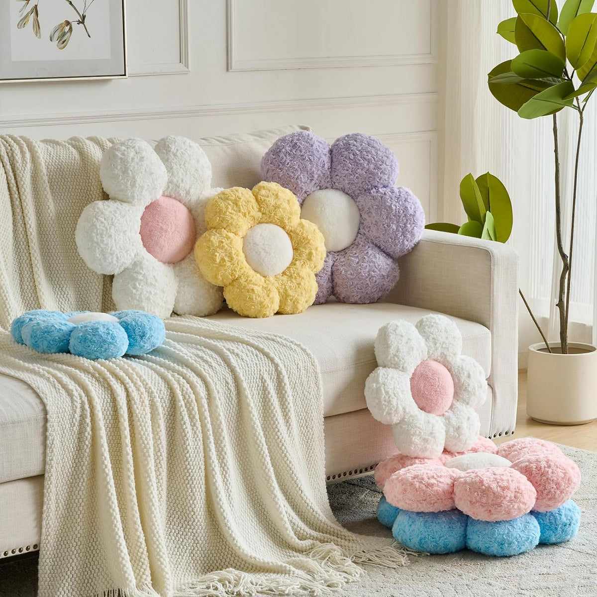 Flower Pillows, Decorative Throw Pillow with Soft Plush for Couch, Flower Shaped Pillow Home Decor Daisy Pillow for Bed (Pink, 14.9 Inches)