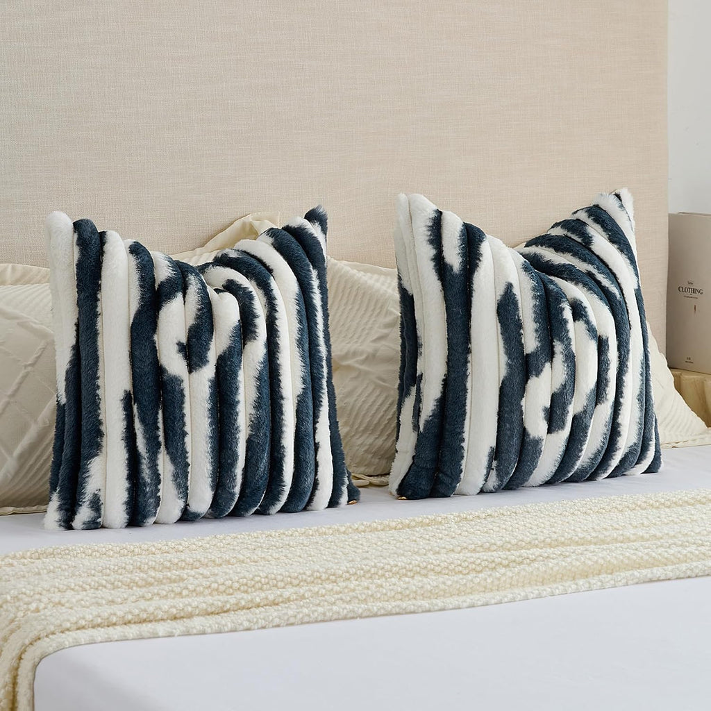 FUTEI Pack of 2 Faux Fur Throw Pillow Covers 18x18 Inch, Navy Blue White