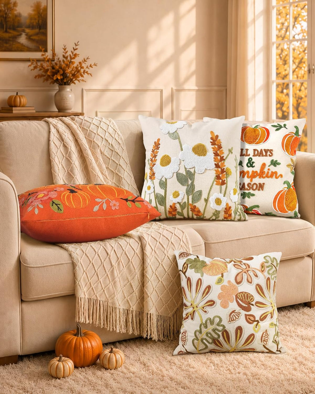 Embroidered Throw Pillow Cover, 18x18 Inch, Fall Abstract Floral