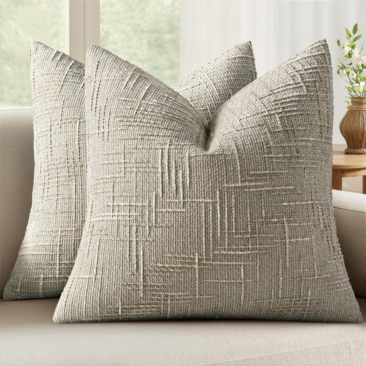 MIULEE Chenille Textured Throw Pillow Covers Cream White 18x18 Set of 2