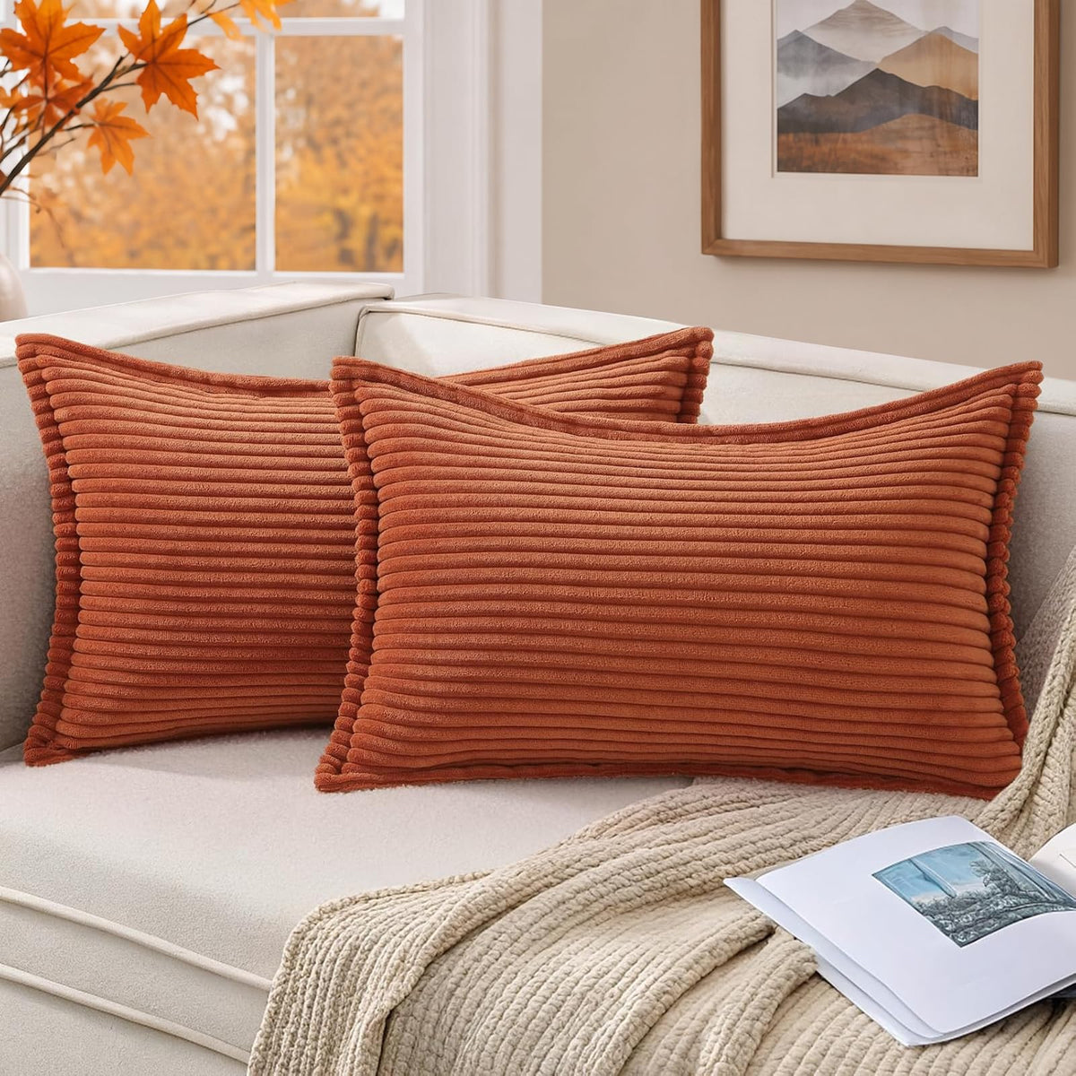 Mecatny Corduroy Fall Throw Pillow Covers 18x18 Set of 2 Cream White