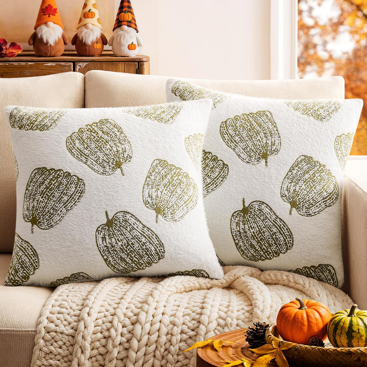 Throw Pillow Covers Set of 2 18x18 White Pumpkins Fall Camel Covers, Soft Faux Decorative Yellow Covers for Couch Sofa Bed Living Room, Farmhouse Home Boho Decor