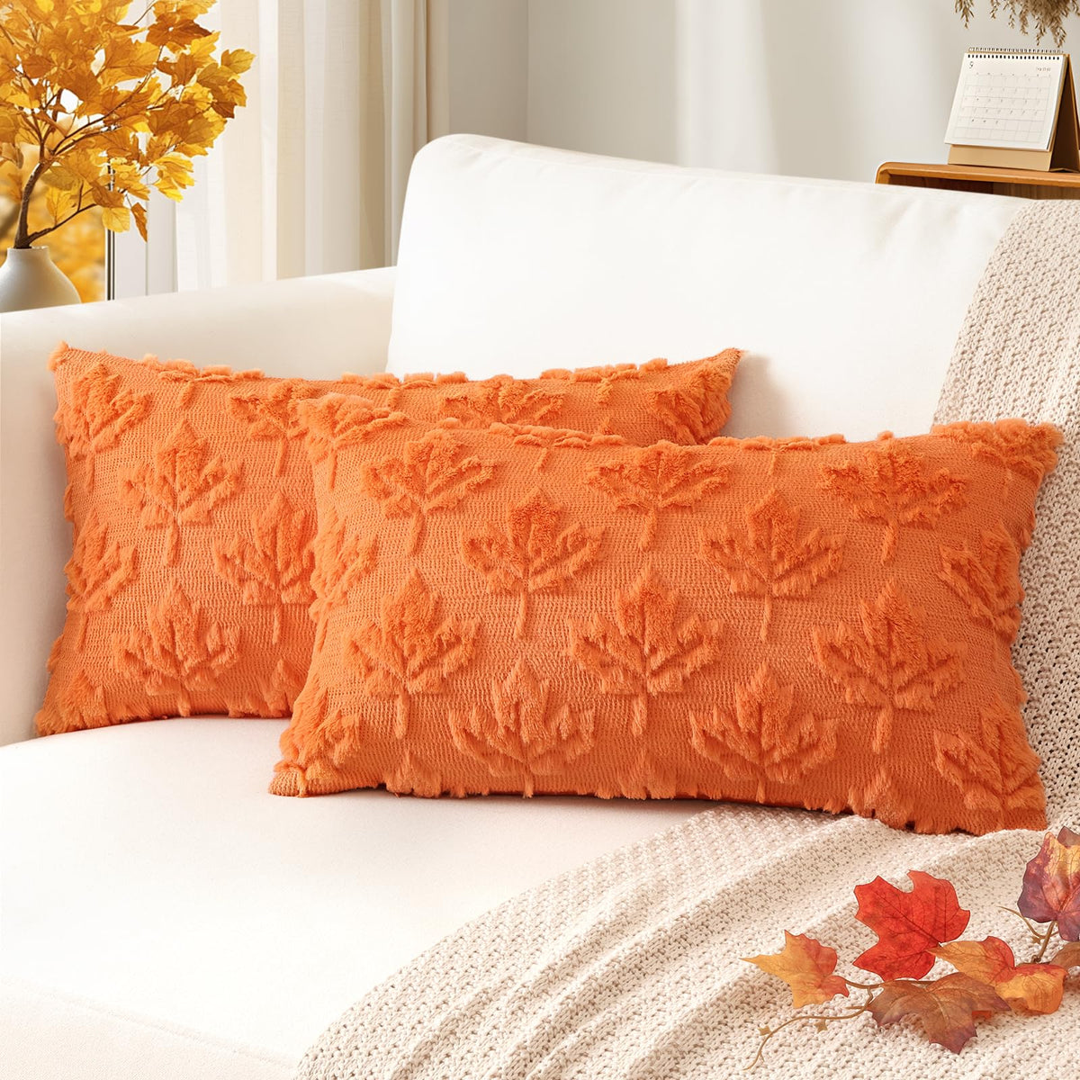 Artscope Maple Leaf Fall Pillow Covers 18 x 18 Set of 2 Decorative Autumn Harvest Holiday Throw Pillow Cases Soft Plush Faux Fur Couch Cushion Case for Farmhouse Sofa Bed Room Home Decor-Rust