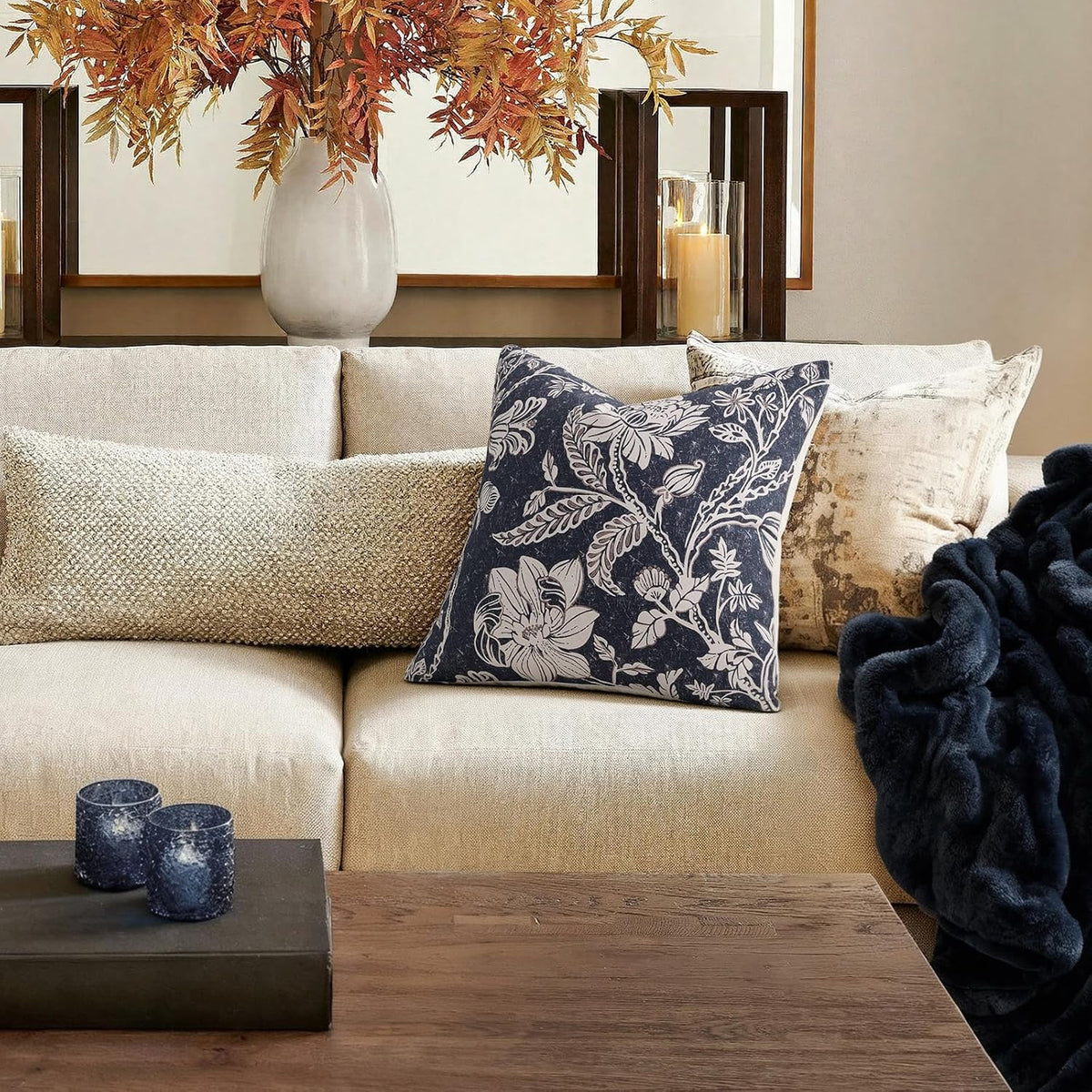Cotton Navy Blue 18x18 Floral Decorative Sofa Couch Throw Pillow Covers