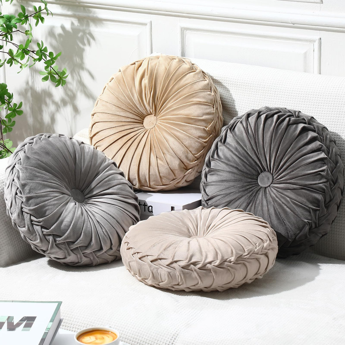 Kathfly 4 Pcs Round Throw Pillows Velvet Pleated Pillows, Vintage Colors