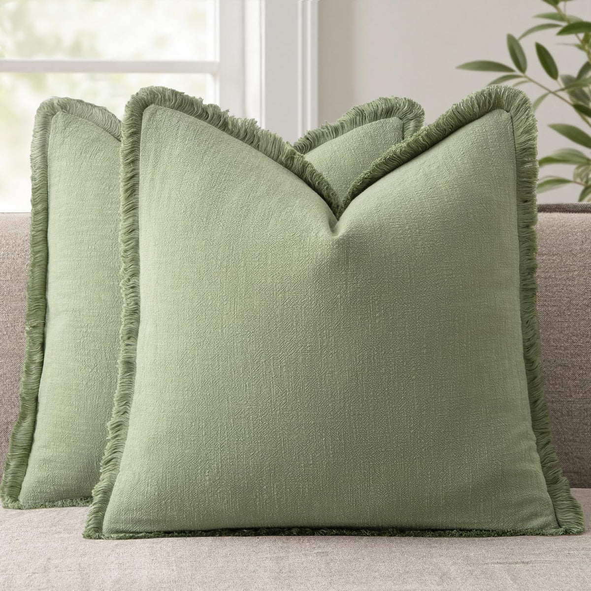 ANRODUO Decorative Linen Fringe Pillow Covers 18×18 Inch Sage Green 2 Pack