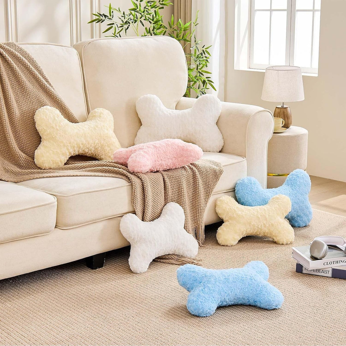 Bone Pillow Cute Bone Shaped Decorative Throw Pillows Aesthetic Home Decor Pillow Pet Pillow Plush Cushion for Bed (Cream, 15 Inch)