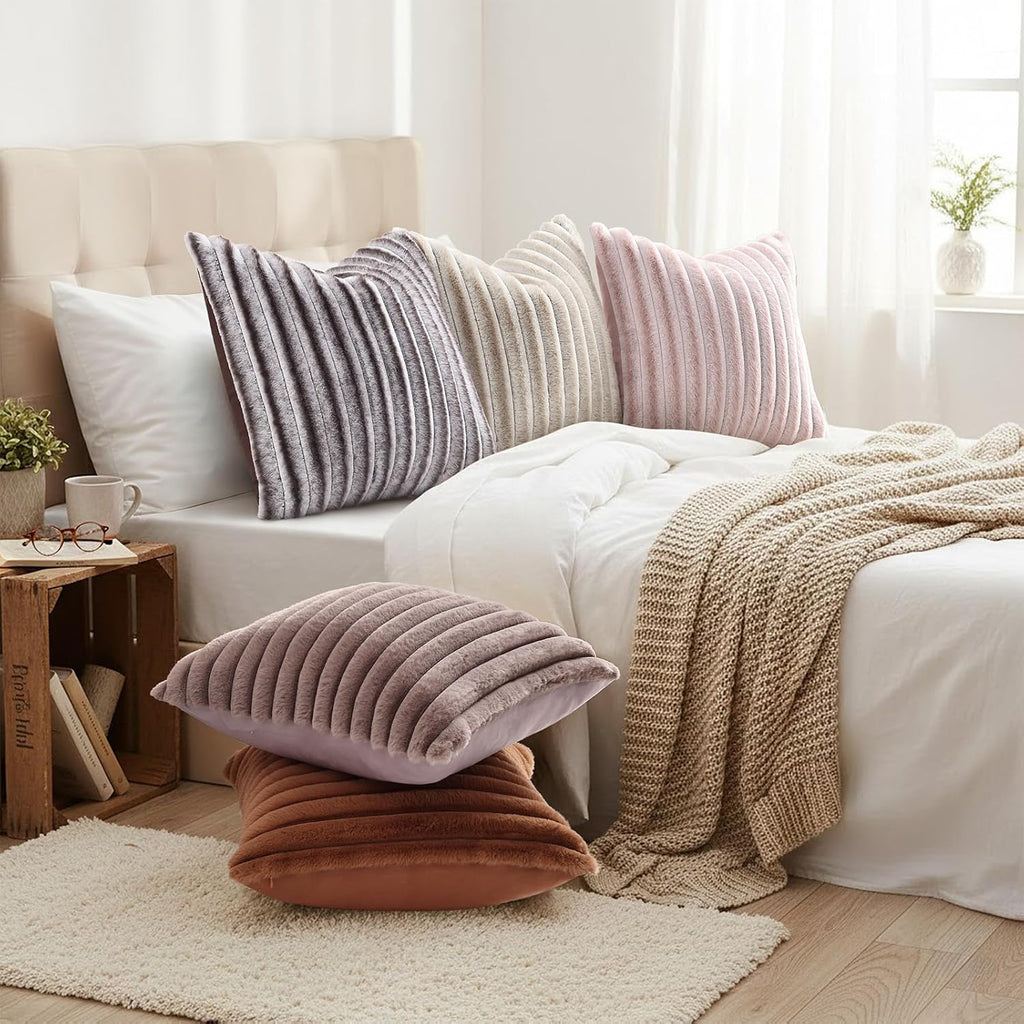 decorUhome Fall Faux Fur Throw Pillow Covers 18x18 Set of 2 Brown White