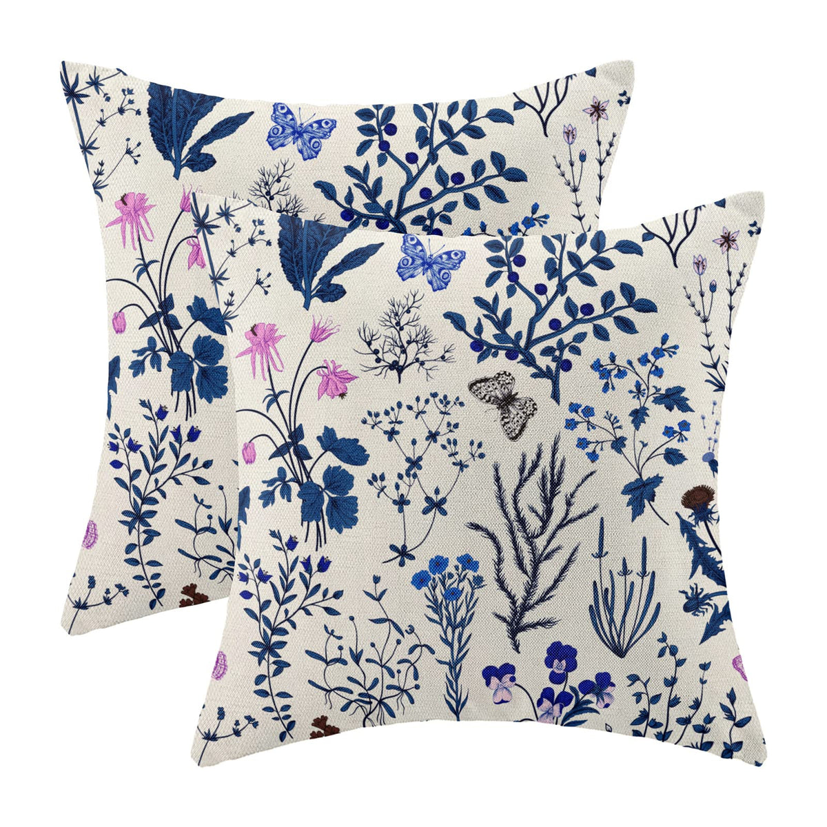 AEIOAE Spring Pillow Covers 18x18 Inch Set of 2,Blue Teal Wild Flower Plant Throw Pillows Case,Seasonal Floral Outdoor Decorative Square Linen Farmhouse Decor Cushion Covers for Home Sofa Bed Couch