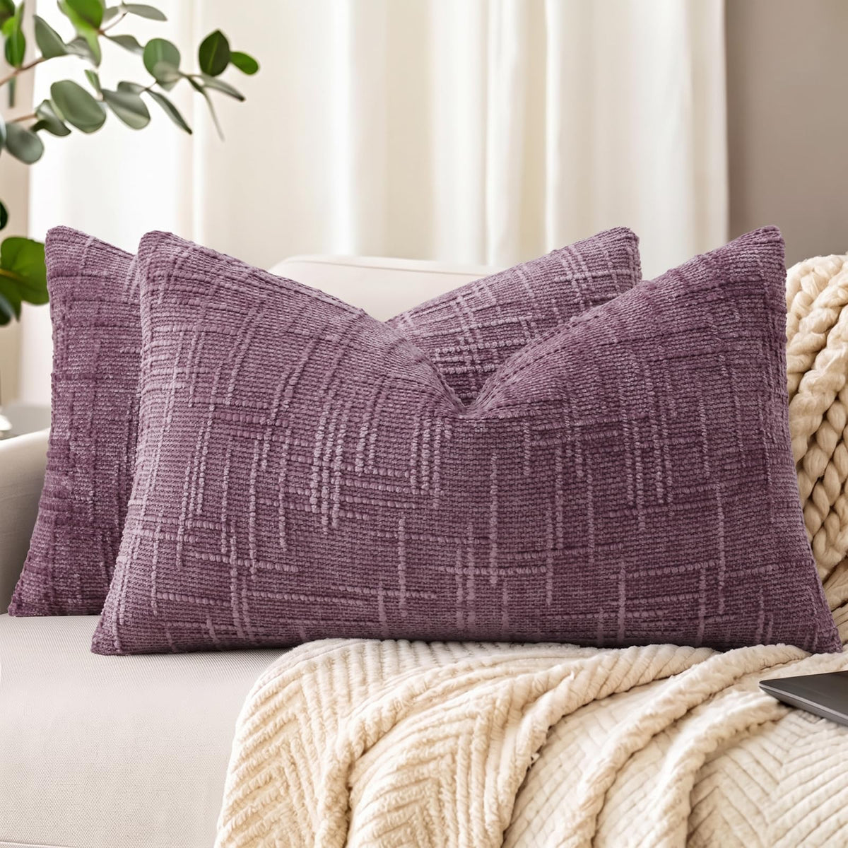 decorUhome Textured Chenille Throw Pillow Covers 18x18 Set of 2 Ivory