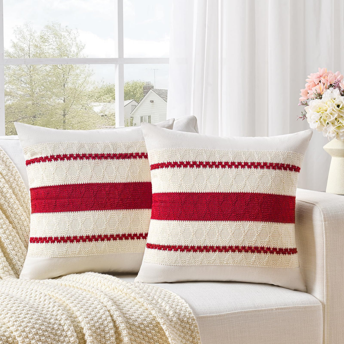 Fancy Homi Set of 2 Boho Olive Green Decorative Throw Pillow Cover 18x18 Inch for Couch Bed Sofa, Aesthetic Modern Organic Farmhouse Home Decor, Soft Cotton Cute Accent Macrame Woven Cushion Case