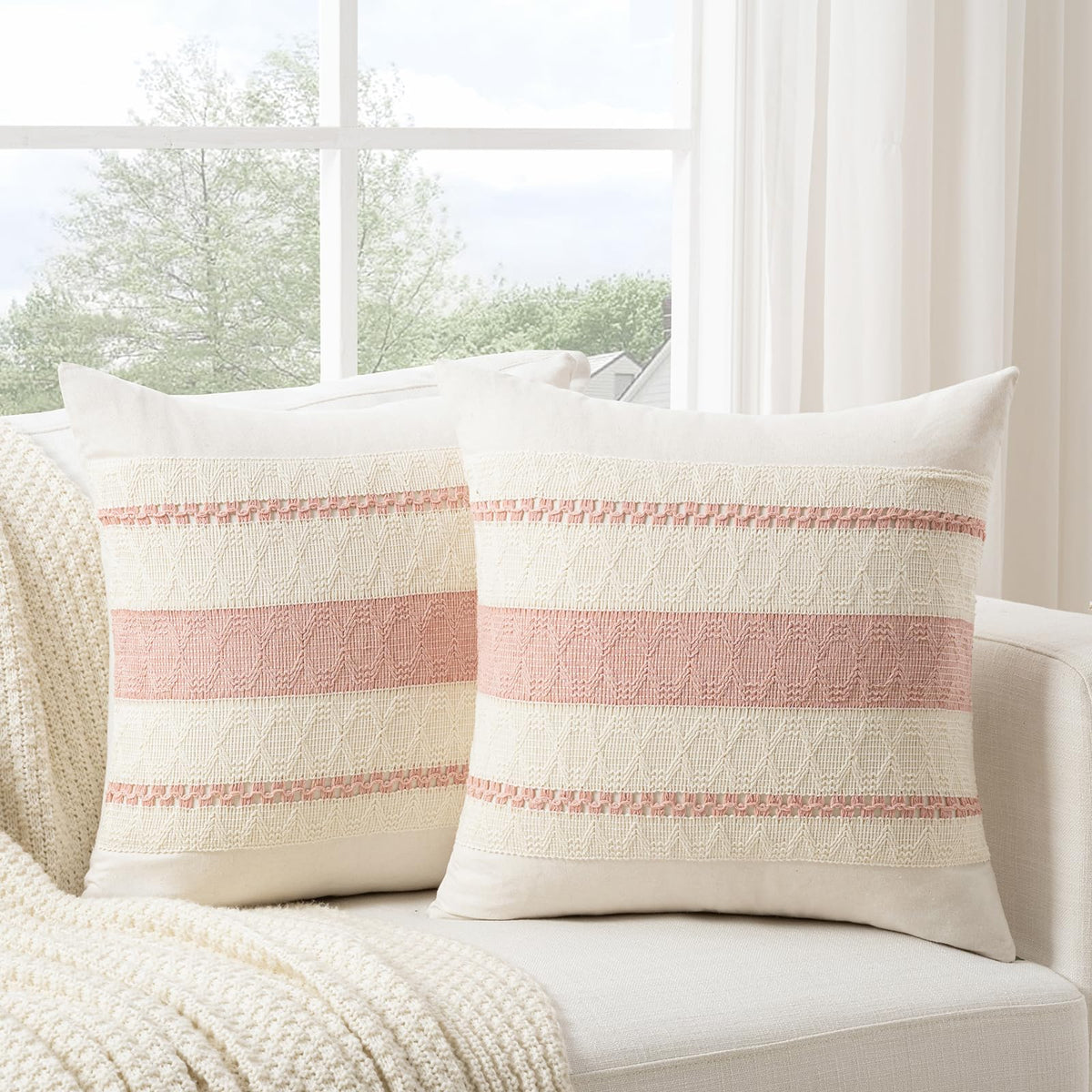 Fancy Homi Set of 2 Boho Olive Green Decorative Throw Pillow Cover 18x18 Inch for Couch Bed Sofa, Aesthetic Modern Organic Farmhouse Home Decor, Soft Cotton Cute Accent Macrame Woven Cushion Case
