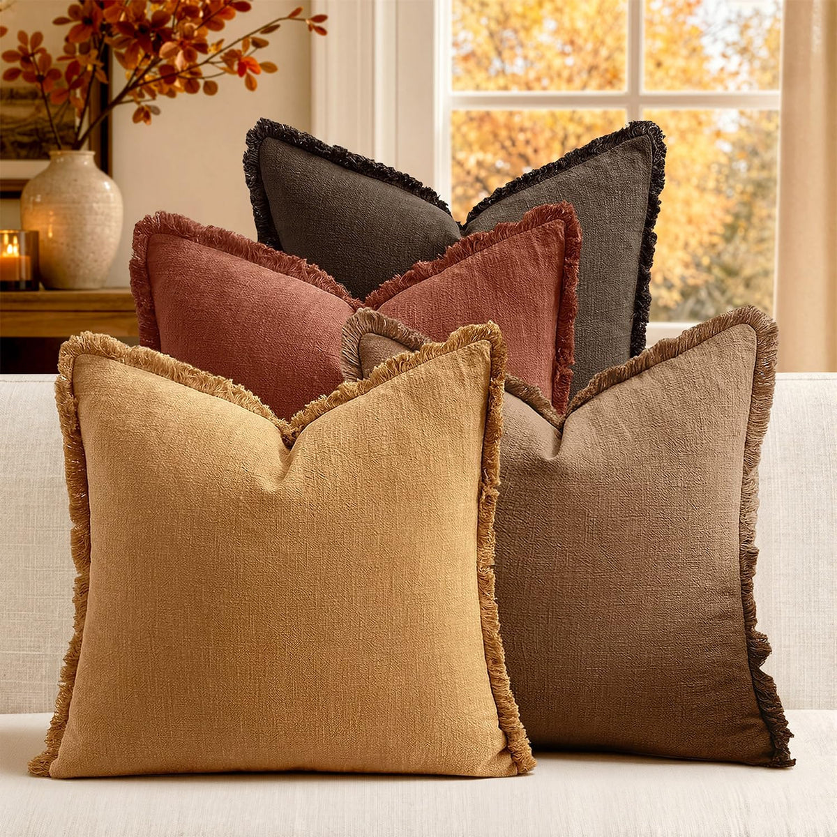 MIULEE Fall Linen Fringe Pillow Covers Set of 4 18x18 Beige/Brown/Green