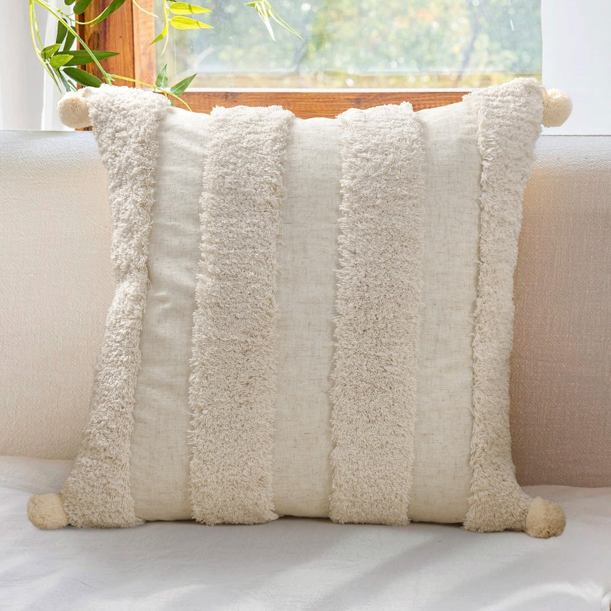 Boho Sofa Throw Pillow Covers – Exquisitely Crafted with Hand-Finished Tuft with Thick Cotton Tassel Details – Soft & Stylish Moroccan Decorative, 18x18inch (Spring Ruched)