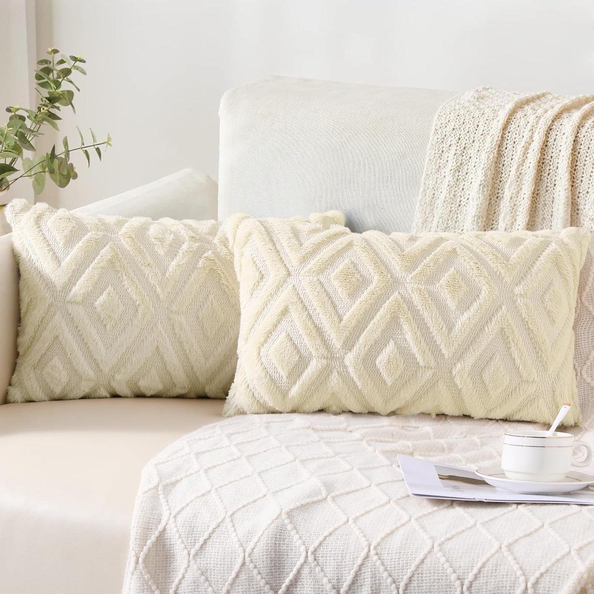 Pallene Fall Cream White Faux Fur Throw Pillow Covers 18x18 Set of 2