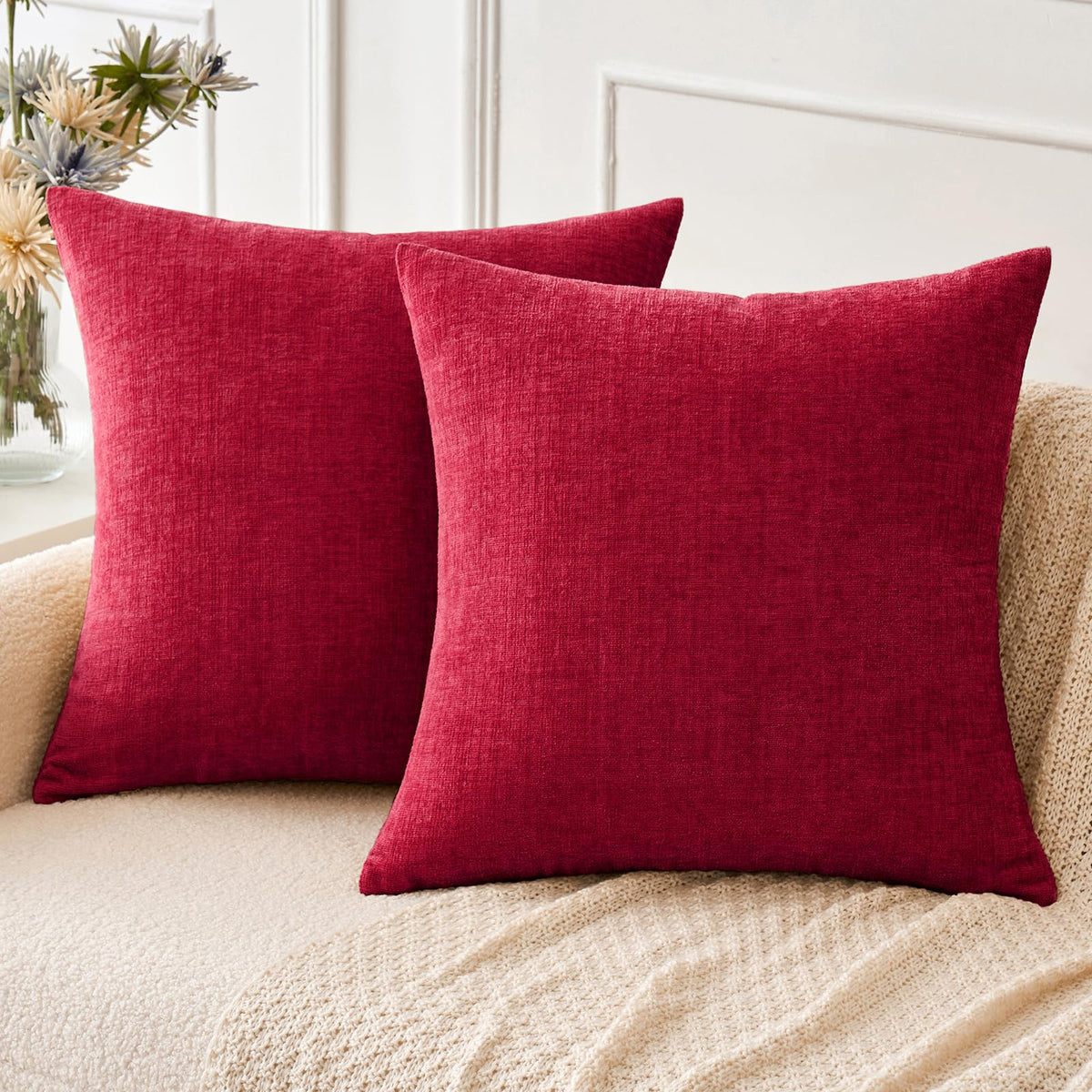 MIULEE Soft Chenille Throw Pillow Covers Green 18x18 Inch Pack of 2